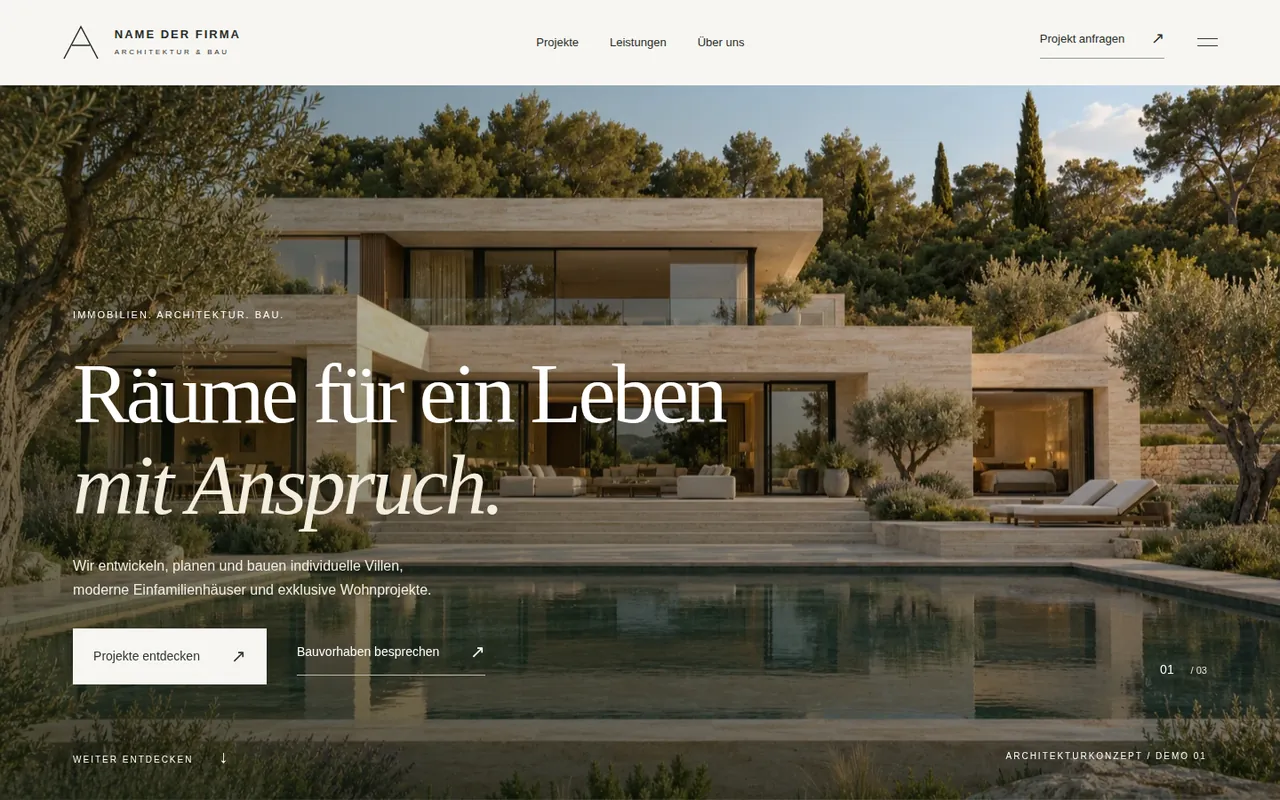 Startseite der Architektur-Website: Villa mit Pool und der Headline „Räume für ein Leben mit Anspruch.“